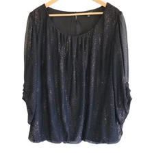 Roz & Ali Blouse 2X Glitter Sparkle Black Blouson Ruched Sleeves Glam Party Top