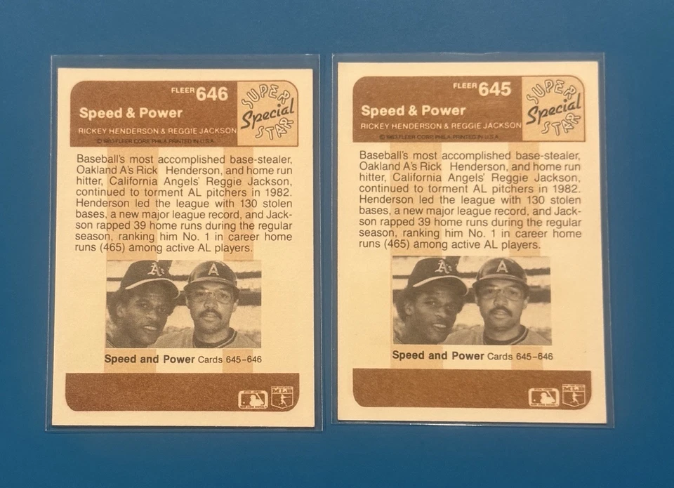 Béisbol Fleer 1983 Reggie Jackson Hof Rickey Henderson Hof ~ Velocidad y potencia Foto 2 de 2