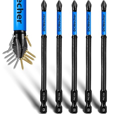 6-Inch Long Phillips Head Drill & Screwdriver Bits 5-Pack, 2 Phillips Bits