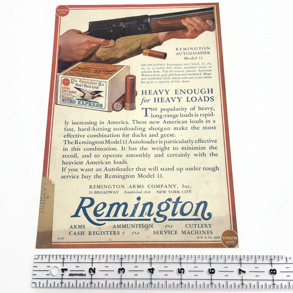 Anuncio de anuncio de caza Remington 1928 vintage • Rifle modelo 11 • Carga de pato Foto 3 de 4