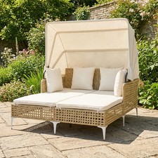 PE Rattan Wicker Double Lounger Bed with Soft Pillows and Cushions