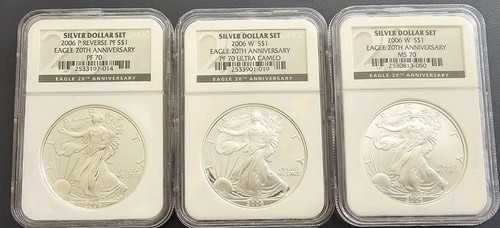 2006 20TH ANNIVERSARY AMERICAN SILVER EAGLE SET,P REVERSE PF70, PF70W & MS70W