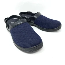 DREW Women's Sz 10 Narrow Savannah Blue Wavy Stretch Fabric Black Leather Clogs