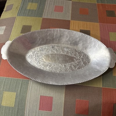 Hand Forged Vintage Tray Aluminum By E. M.P.C. With Raised Floral Pattern