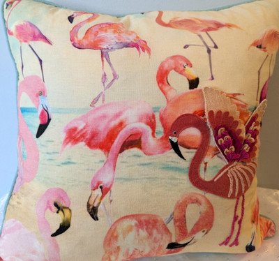 Down Filled Throw Pillow-Pink Flamingo -Embellished-Tropical - Zipper 18''x18''