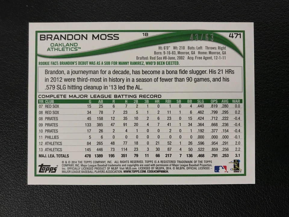 2014 Topps #471 Brandon Moss Oakland Athletics Black /63 - Image 2 of 2
