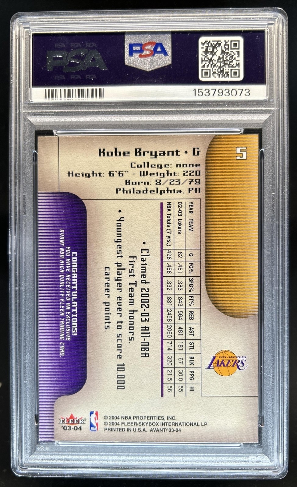2003-04 Fleer Avant Kobe Bryant #5 Lakers PSA 10 GEM MINT view 2