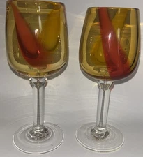 2 Beautiful Blown Amber Orange Yellow Heavy Glass Wine Glasses Goblets