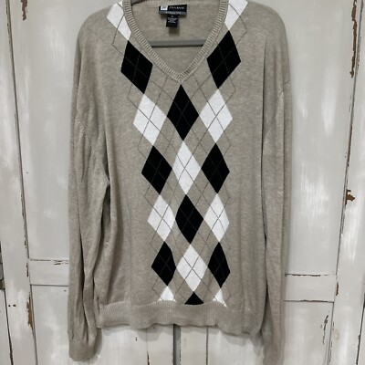 Bank Men's V-Neck Golf Sweater Tan &Black Argyle Size XL