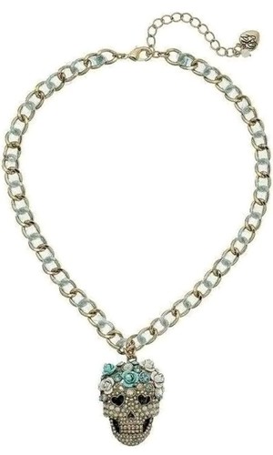 Betsey Johnson Skull Blue and White with Flowers Necklace - Picture 2 of 2