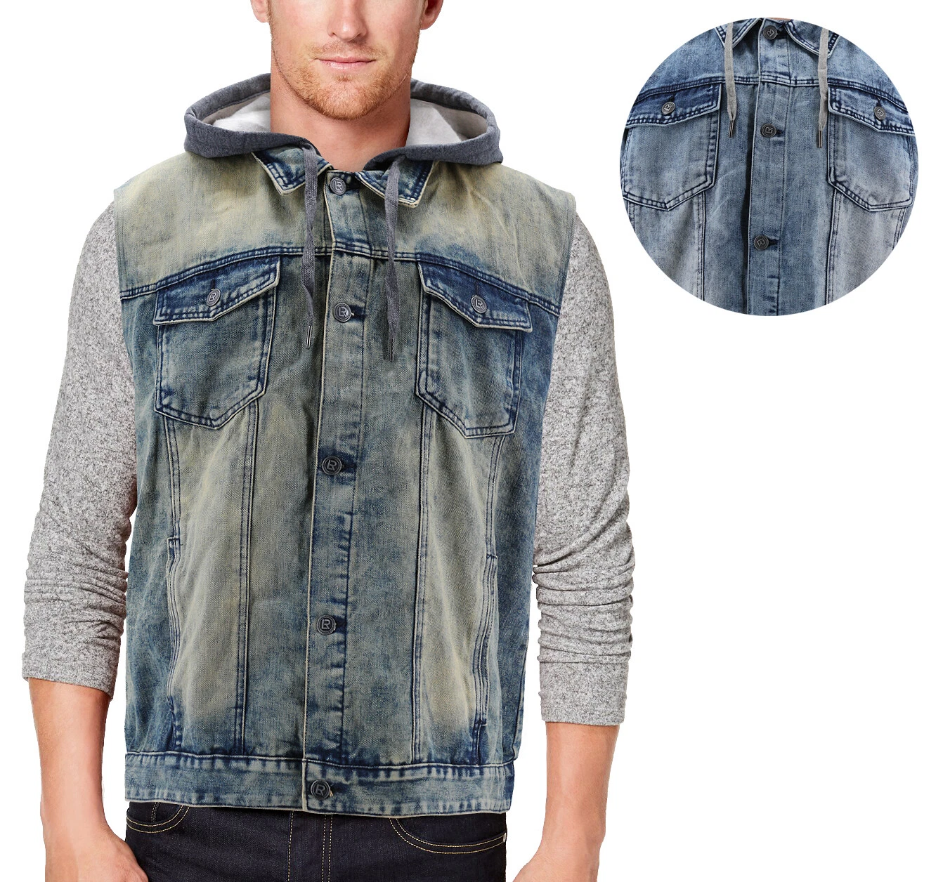Men's Faded Wash Cotton Blend Button Up Drawstring Hood Denim Jean Vest