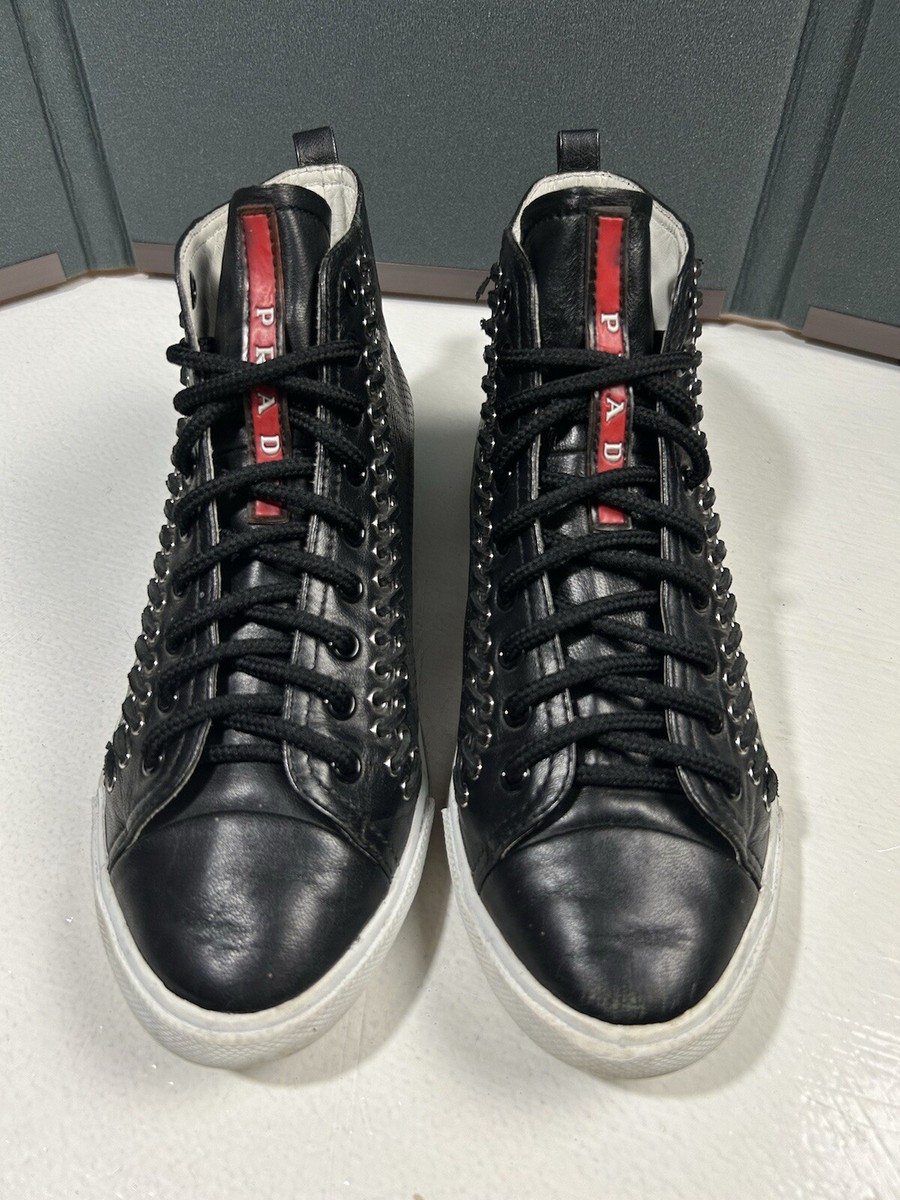 PRADA Womens 36.5 Black Perforated Leather High Top Sneakers Shoes