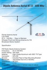 FM Broadcast Dipole Antenna AERIAL  FIXINGS 87.5-108 MHz 500 Watt Wide Band