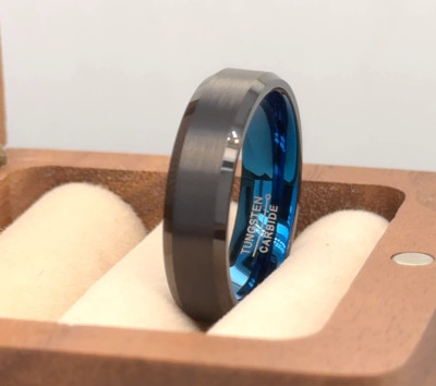 Comfort Fit Black Brushed Valentine Ring Blue Ion Plated Tungsten Wedding Band