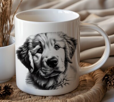 11 oz mug featuring ink drawing of a Golden Retriever puppy