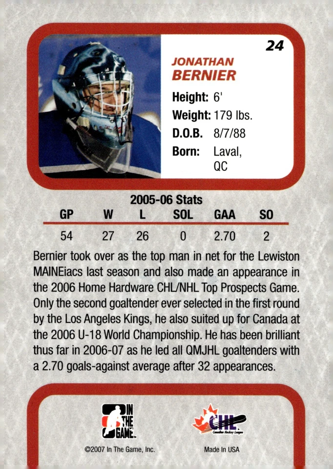 Jonathan Bernier - Signed 2006-07 In The Game Between The Pipes Card #24 - Image 2 of 2