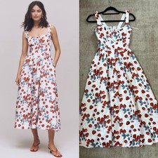 £298 Reformation Balia Linen Strawberry Print Corset Style Midi Dress Size 0
