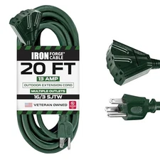 20 Foot Outdoor Extension Cord with 3 Electrical Power Outlets - 16/3 SJTW