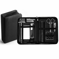 Men's Beard Grooming Toiletry Travel Kit with Leather Case Black (12-Piece)