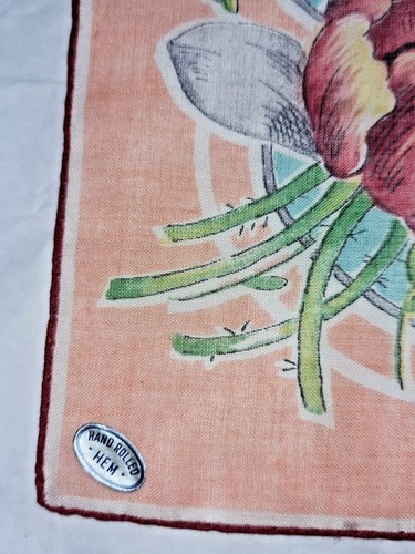 Vintage Hankie Handkerchief Cotton Large Tulips Hand rolled Hem 12" - Picture 4 of 4