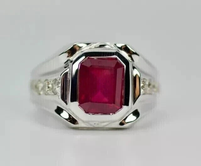 14K White Gold Plated Silver Men's Engagement Ring with 3Ct Lab Emerald Ruby-image