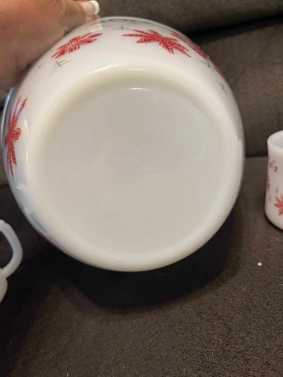 Vintage Fire King Christmas Egg Nog Snowflakes Bowl And 8 Mugs