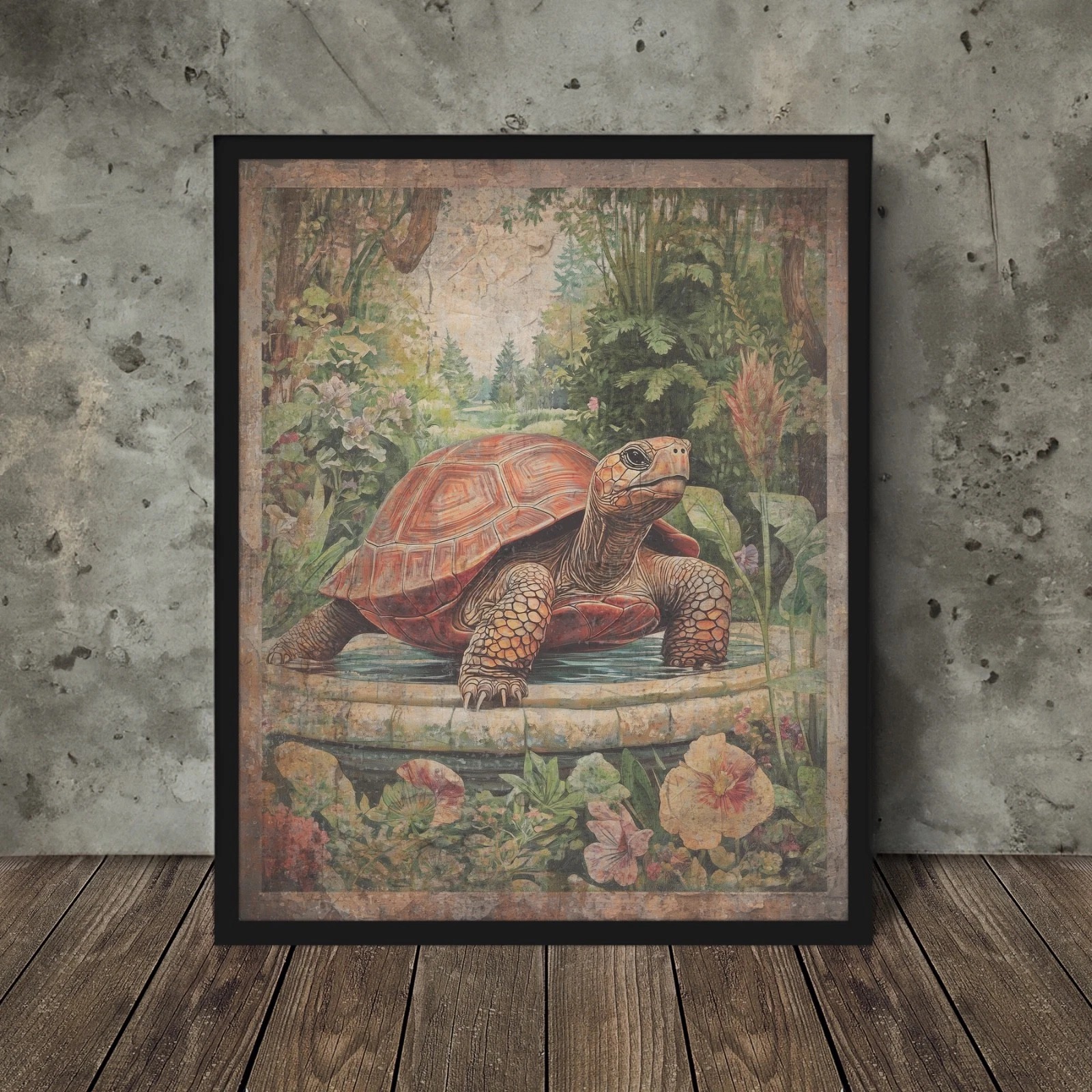 Vintage TURTLE FLOWER GARDEN Wall Art, Reptile Pet Tortoise Botanical Poster