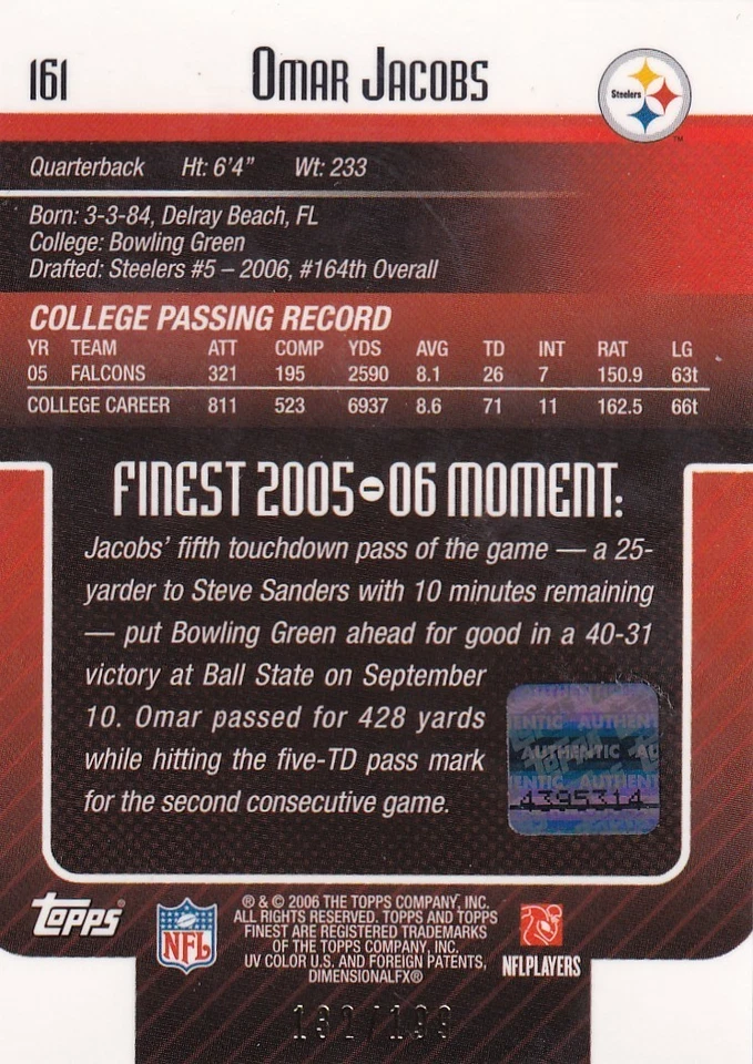 2006 Finest #161 Omar Jacobs AUTO 132/199 RC - Image 2 of 2