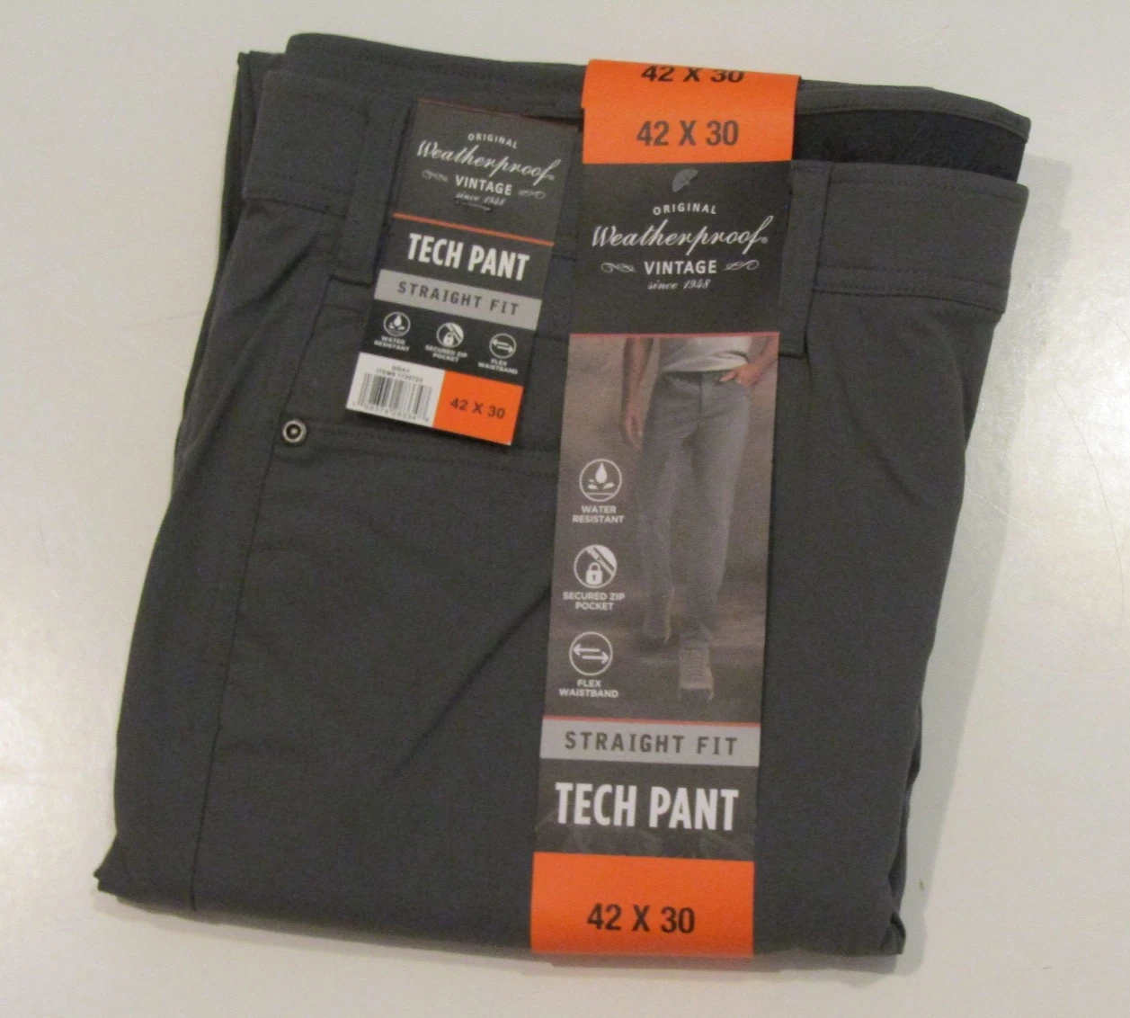 Weatherproof Gray Tech Pants Straight Fit Flat Front 42 W 32 L NWT Mens
