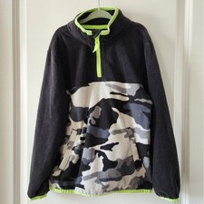 Kid's sz6 Fleece Pullover Gray Camo Print Neon Green Trim Half Zip Sweatshirt