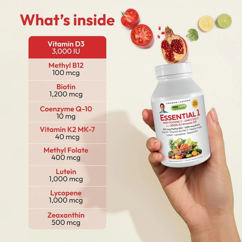 Essential-1 Multivitamin 3000 IU Vitamin D3 60 Small Capsules - 100 Mcg Methyl B - Image 3 of 4