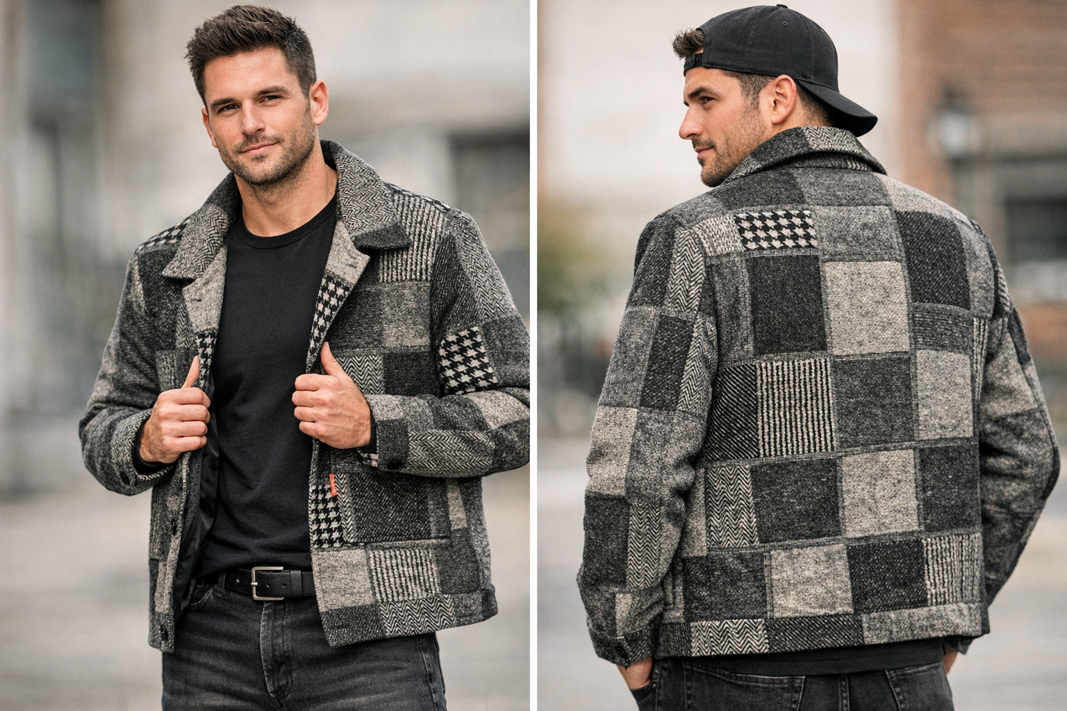 Men’s Patchwork Wool Jacket Gray Black Button Up … - image 1