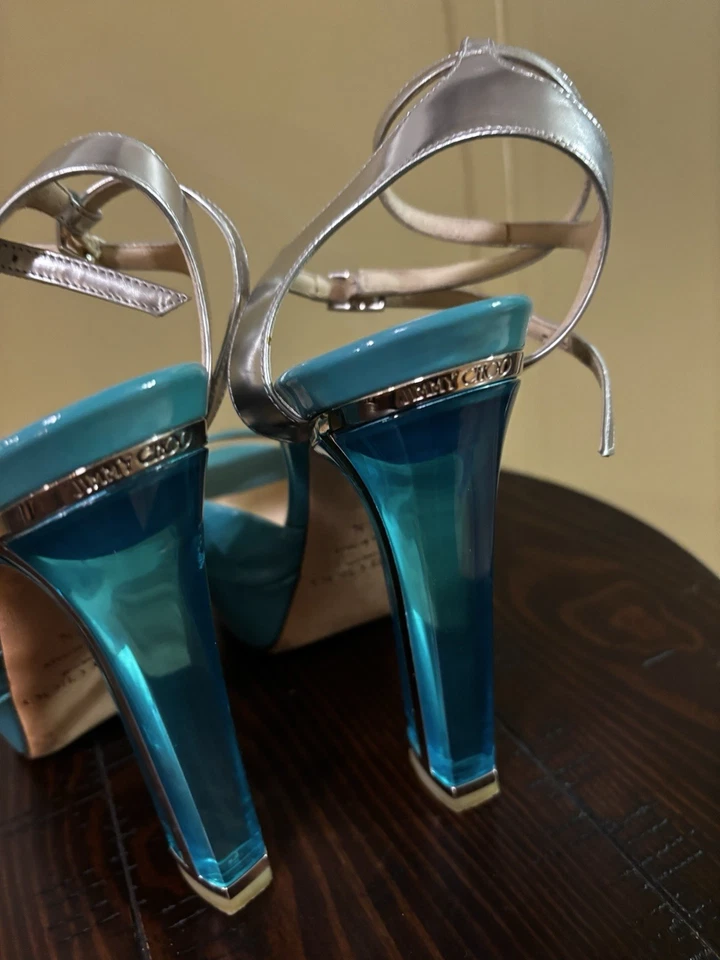  Jimmy Choo Tacones Altos Azul Charol Plataforma Talla 36 1/2 Hecho en Italia  Foto 3 de 4