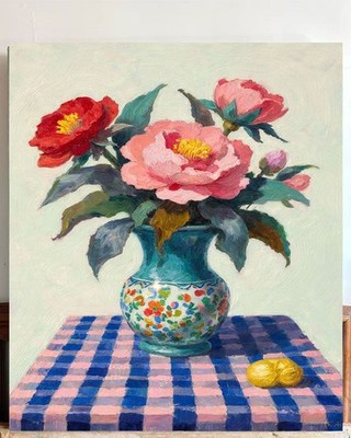   Vibrant Camellia & Peony Canvas Wall Art - Impressionist Floral Oil Painting
