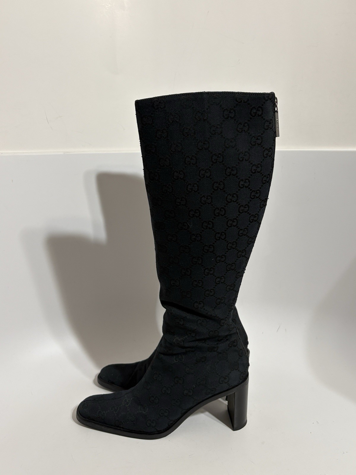 Vtg Gucci by Tom Ford Black Canvas Monogram Boots 37