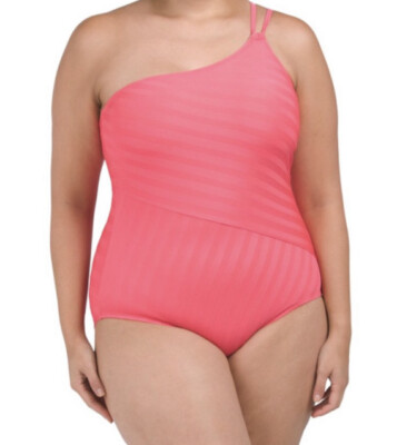 La Blanca Linea Costa One Shoulder One Piece Swimsuit Coral Size 16W Beach Pool