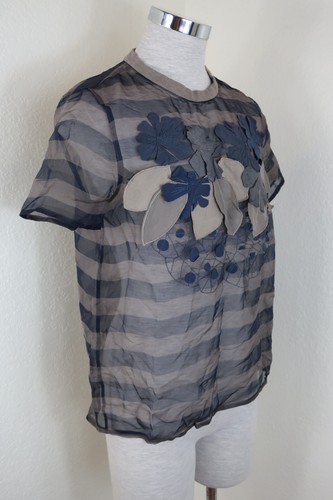 Brunello Cucinelli FLoral Mesh Short SLeeve Silk Blue Top Blouse Shirt S M 6 7 8 - Picture 3 of 23
