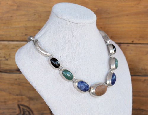 Collana Vintage Taxco Messico Argento Sterling 925 Multi Pietra Sodalite Onice - Foto 2 di 6