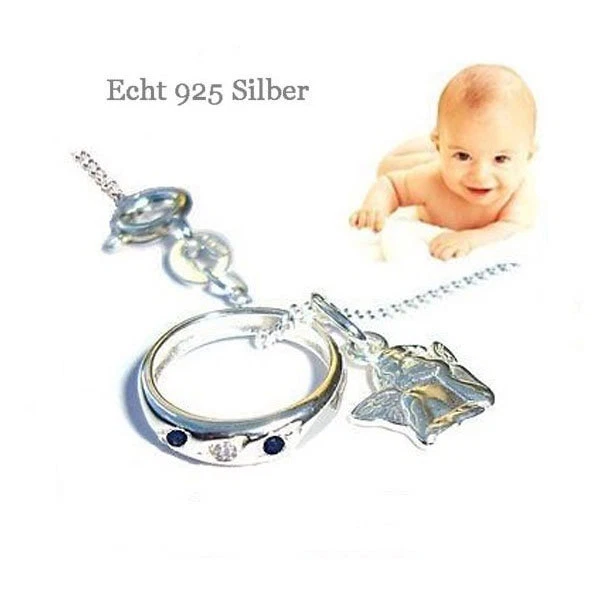 MARKENLOS - SCHMUCK ECHTSCHMUCK SET JUNGEN TAUFSCHMUCK TAUFRING ENGEL & KETTE 925 SILBER 2 SAPHIRE SCHUTZENGEL