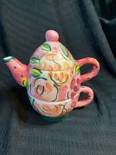 Bella Casa by Ganz Single Serve Teapot & cup stackable floral pink & polka dots
