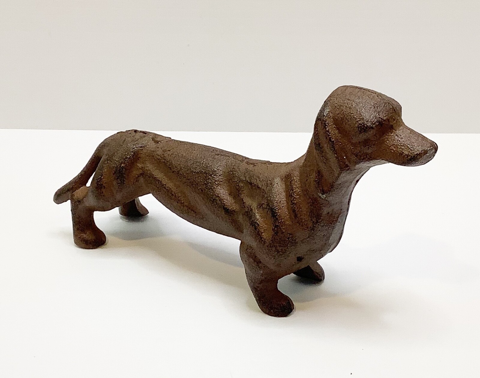 Solid Cast Iron Dachshund Weiner Dog 7” Door Stop Figure Painted Brown Vintage