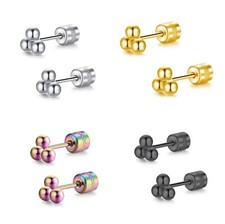 Men's Women's Small Round Three Ball CZ Stud Earrings Screw Back Surgical Steel