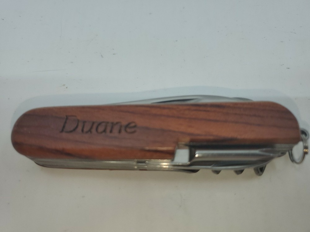 Multi-tool Pocket Knife Duane Kansas Buffalo Engraved  On Wood  Handle