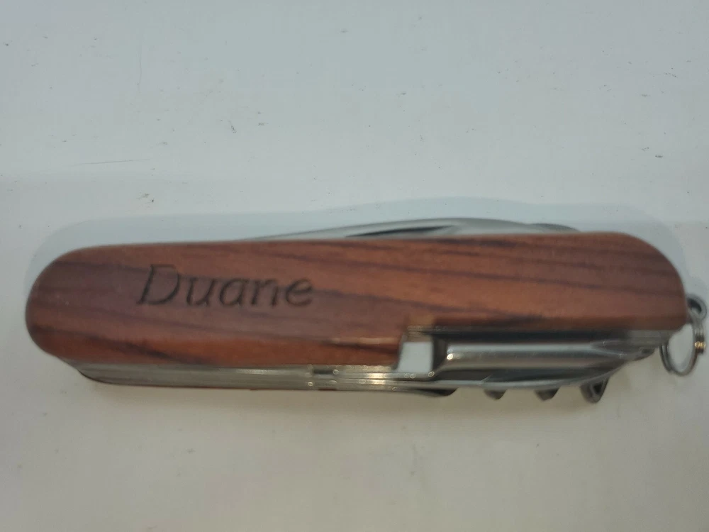 Multi-tool Pocket Knife Duane Kansas Buffalo Engraved  On Wood  Handle
