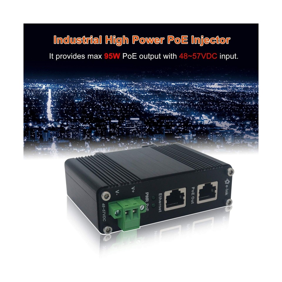 E-link Industrial Gigabit PoE++ Injector 48V DC PoE++ 95W up to 100 ...