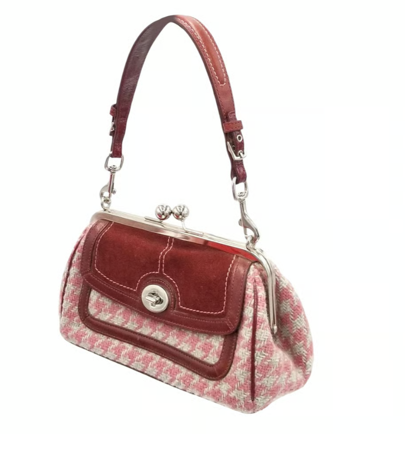 Coach Vintage Pink/Maroon Tweed Kiss Lock Shoulder Bag With