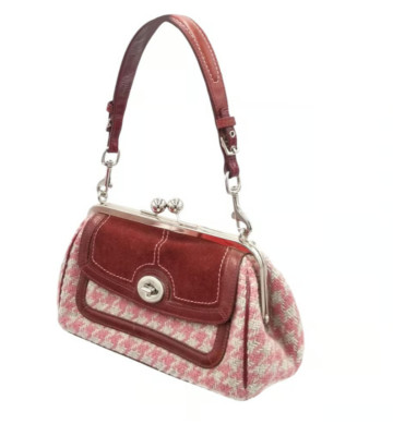Coach Vintage Pink/Maroon Tweed Kiss Lock Shoulder Bag With