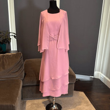 Women’s Pink Tea Length Chiffon Dress Matching Chiffon Jacket CorsetBack Size 12