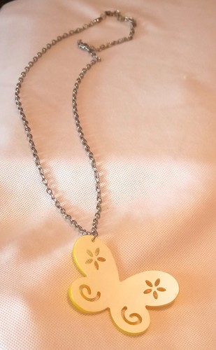 Yellow Butterfly Pendant Necklace Women's 26 Inches Silver Tone Chain Ships Free - Picture 10 of 17