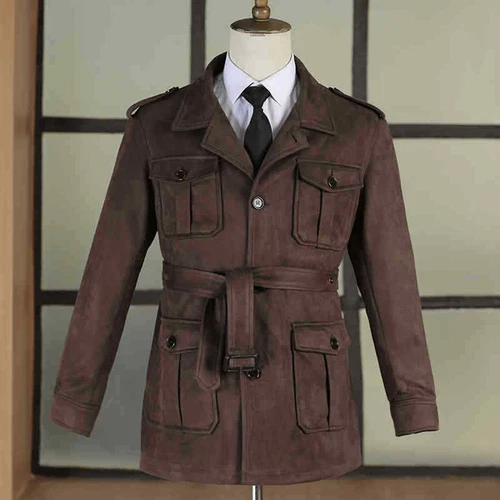 Mens Retro Suede Jacket Multi Pockets Belted Coat Casual Hunting Outwear - Picture 15 of 15